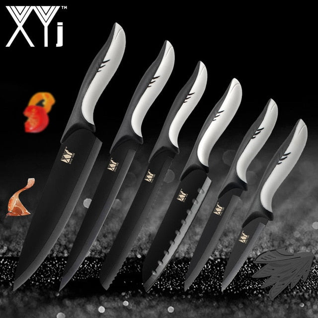 XYj Kitchen Cooking Stainless Steel Knives Tools Black Blade Paring Utility Santoku Chef Slicing Bread Kitchen Accessories Tools