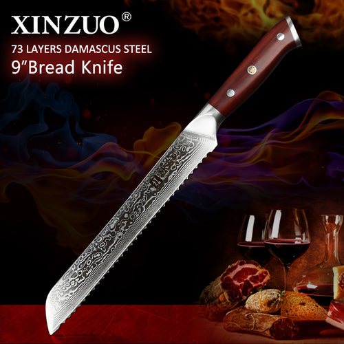 XINZUO  9'' inch Serrated Bread Knife Damascus Steel Rosewood Handle Kitchen Knives Brand High Quality Cake knife Cooking Tools