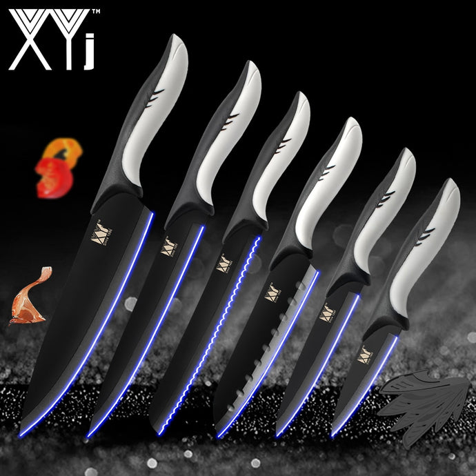 XYj Kitchen Cooking Stainless Steel Knives Tools Black Blade Paring Utility Santoku Chef Slicing Bread Kitchen Accessories Tools